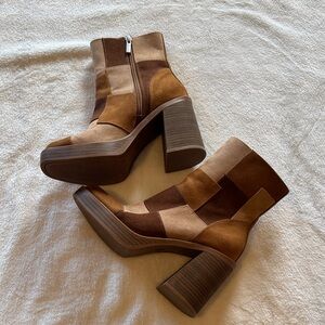 Universal Thread brown & tan patchwork block heel boots faux suede platform